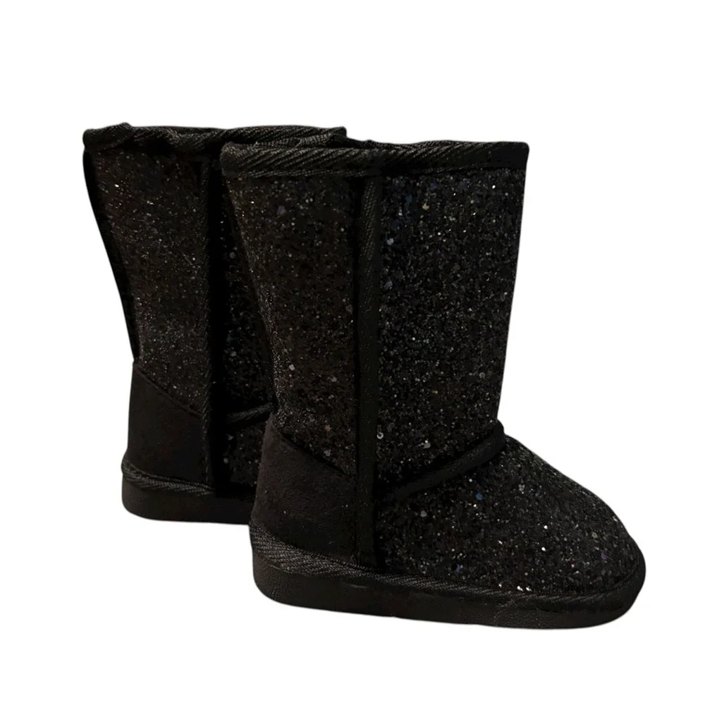 FabKids Girls Black Glitter Fuzzy Fuzzies Winter‎ Boots Size T6 US6 EU22
